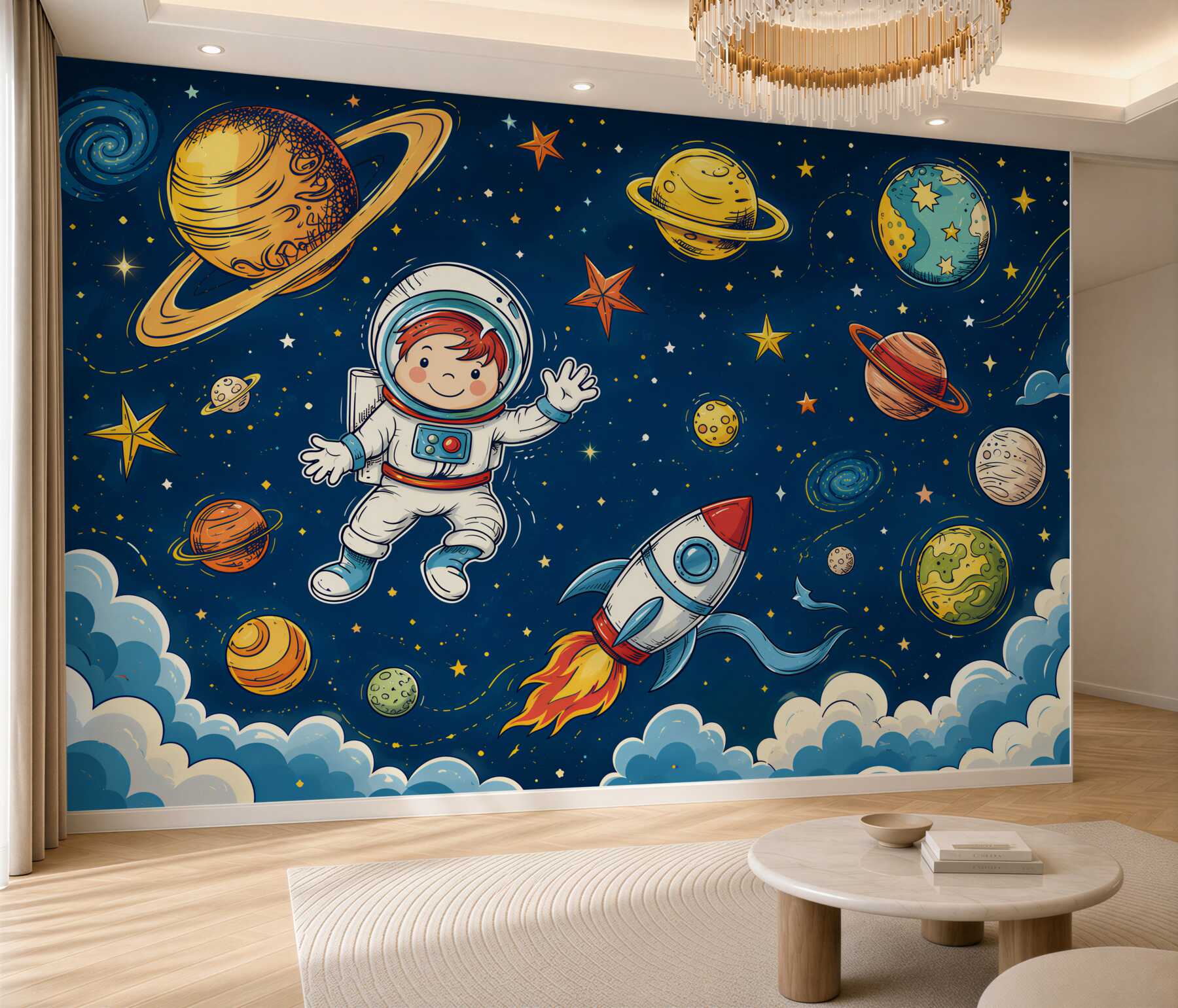 Fotobehang jongen met astronaut, raket en planeet