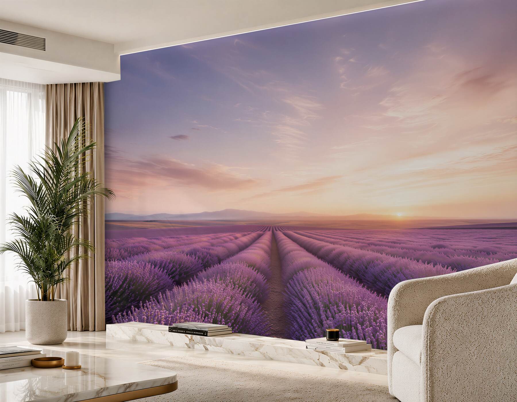 Fotobehang Zonsopgang boven een lavendelveld