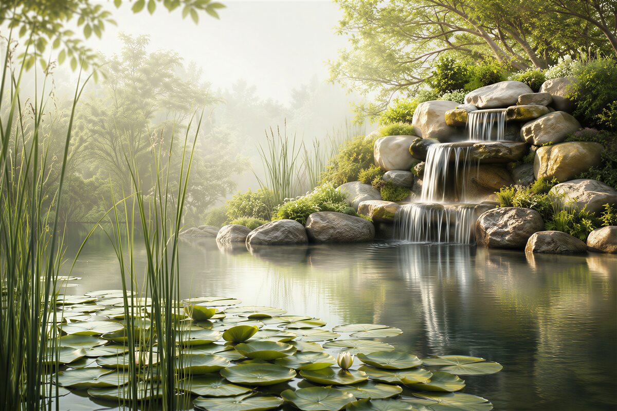 Fotobehang Decoratieve vijver met waterval in de tuin
