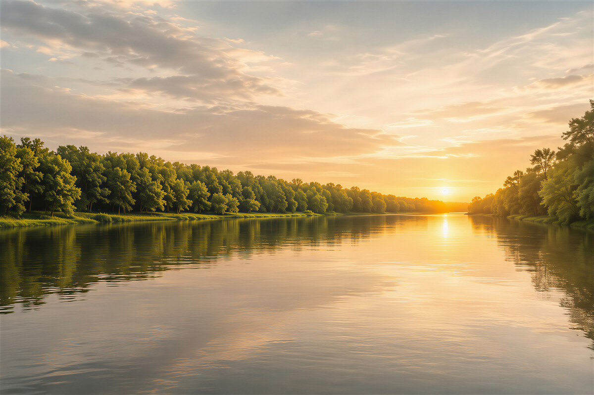 Fotobehang Zonsondergang boven de rivier
