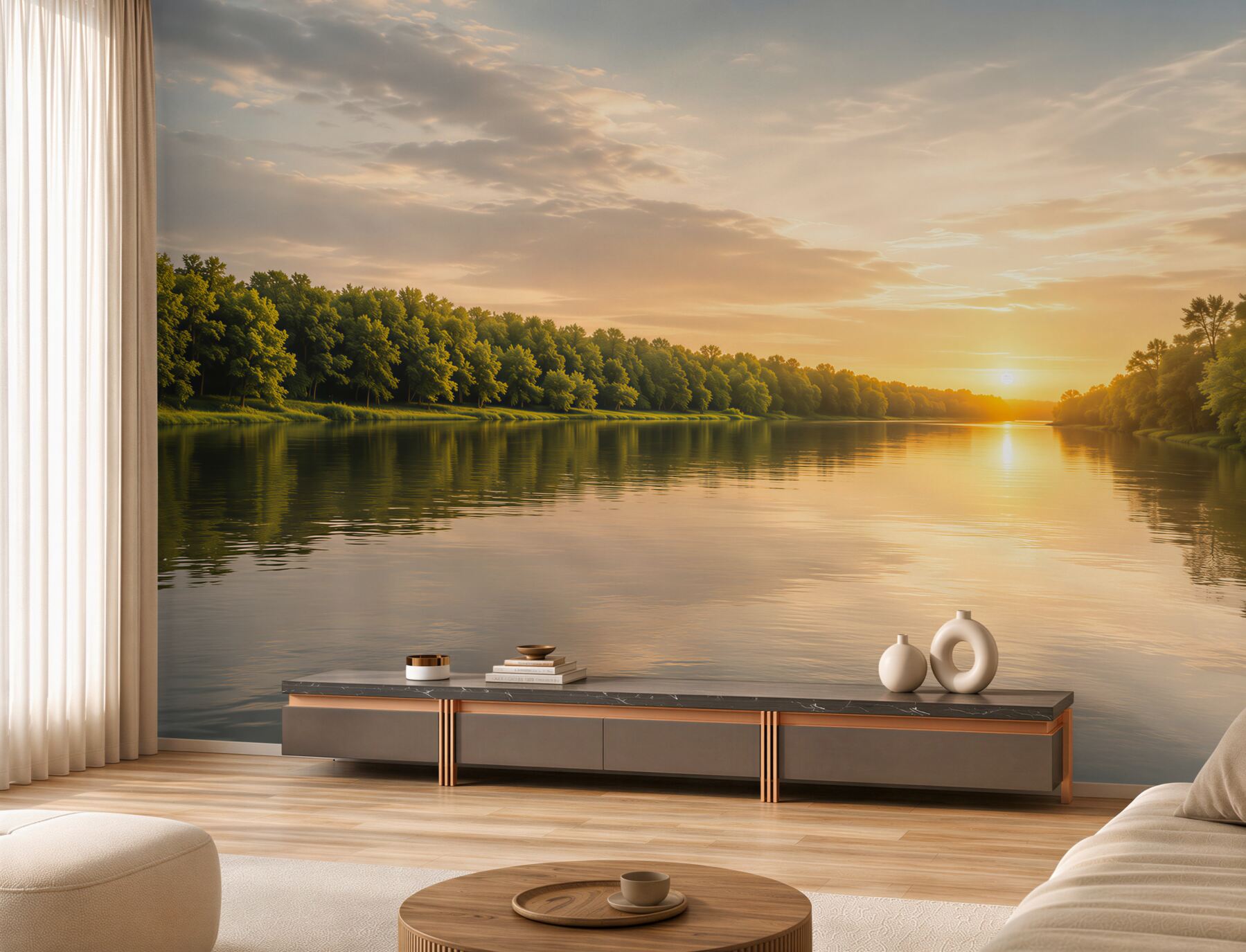 Fotobehang Zonsondergang boven de rivier