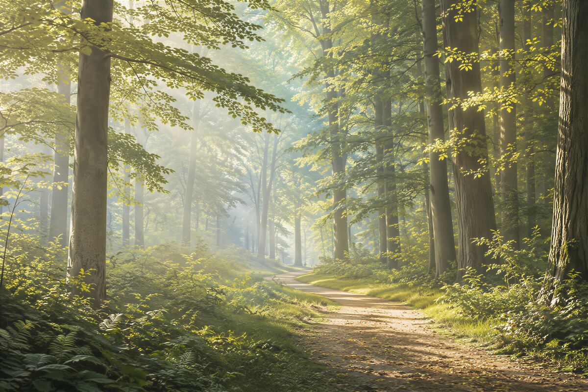 Fotobehang Weg in een mooi bos in de ochtend