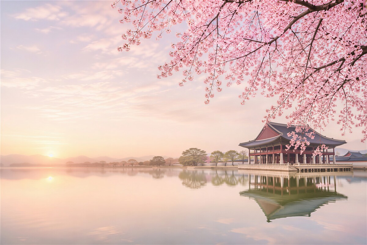 Fotobehang Gyeongbokgung-paleis met kersenbomen in de lente in Seoul, Zuid-Korea