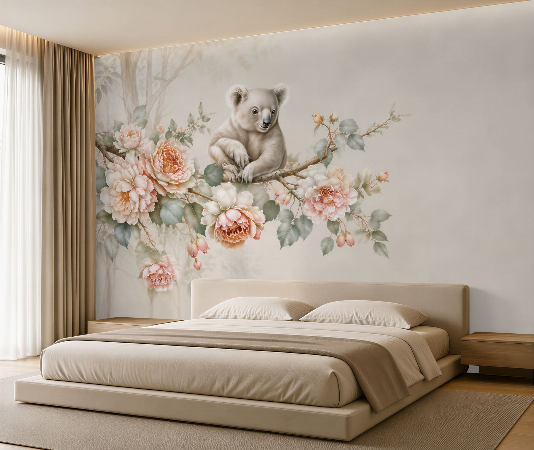 Fotobehang koala op een tak tussen pastelbloemen voor de kinderkamer