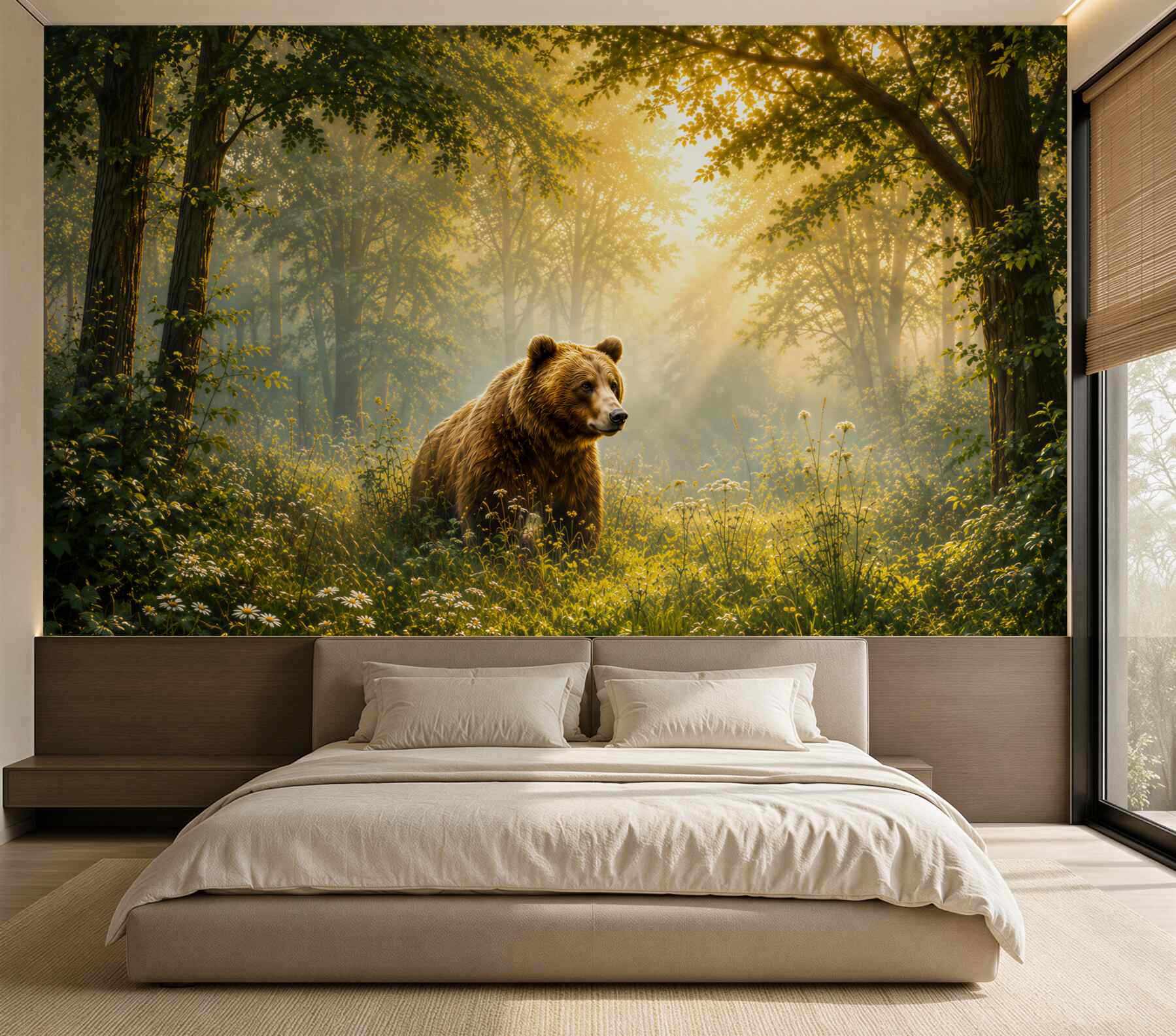Fotobehang beer op een open plek in het bos in de gouden ochtend