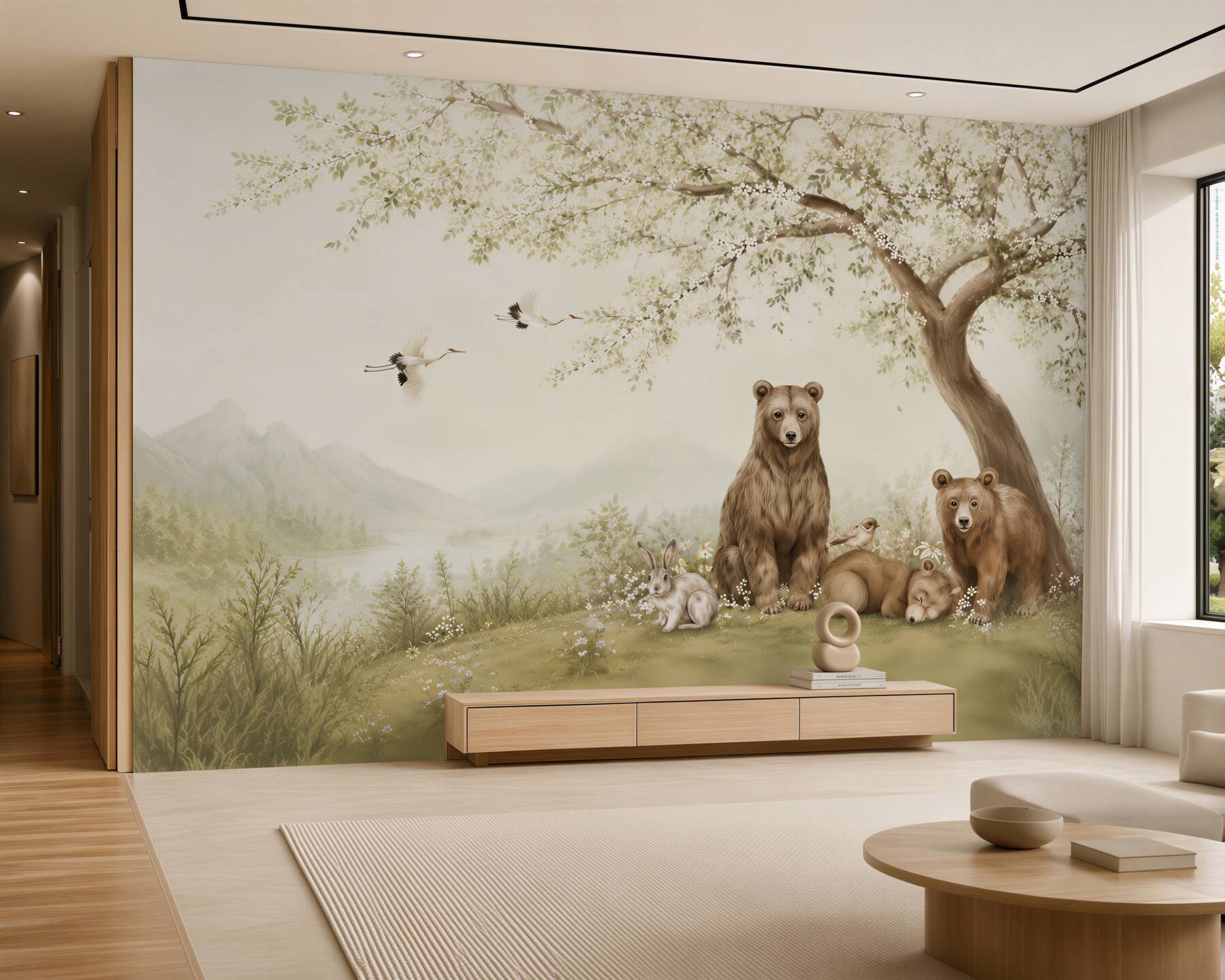 Fotobehang bosberen onder een bloeiende boom voor kinderen