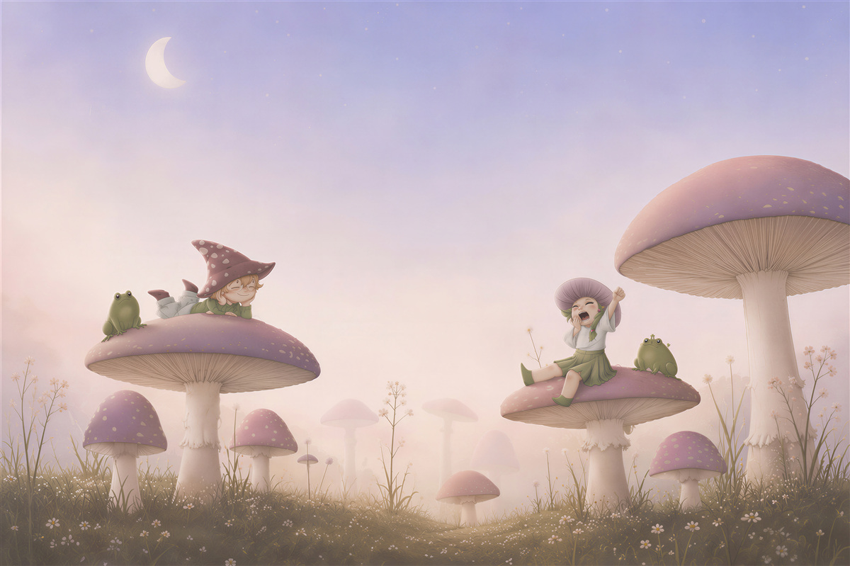 Fotobehang Meisje zit op paddenstoelen en gaapt