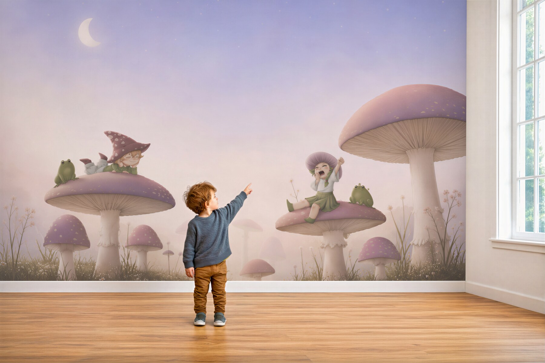 Fotobehang Meisje zit op paddenstoelen en gaapt