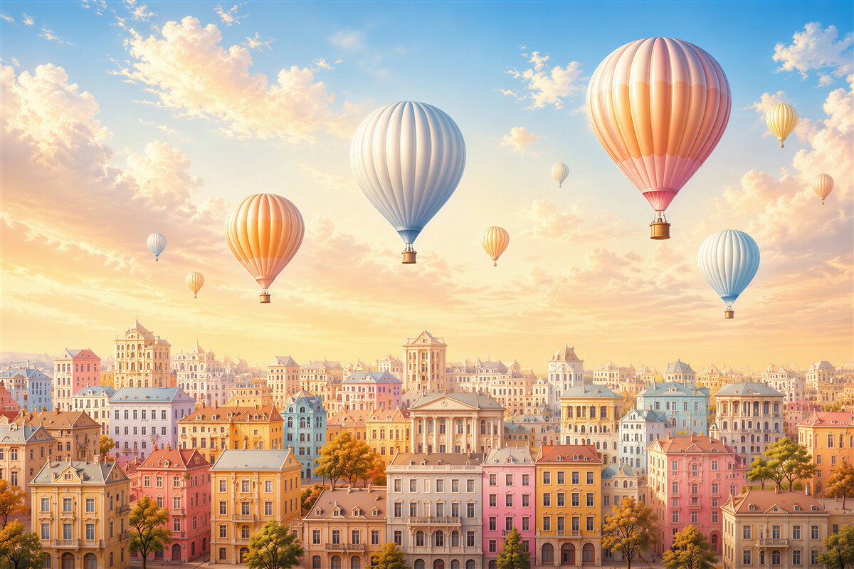 Fotobehang pastelballonnen boven een sprookjesachtige stad bij zonsondergang