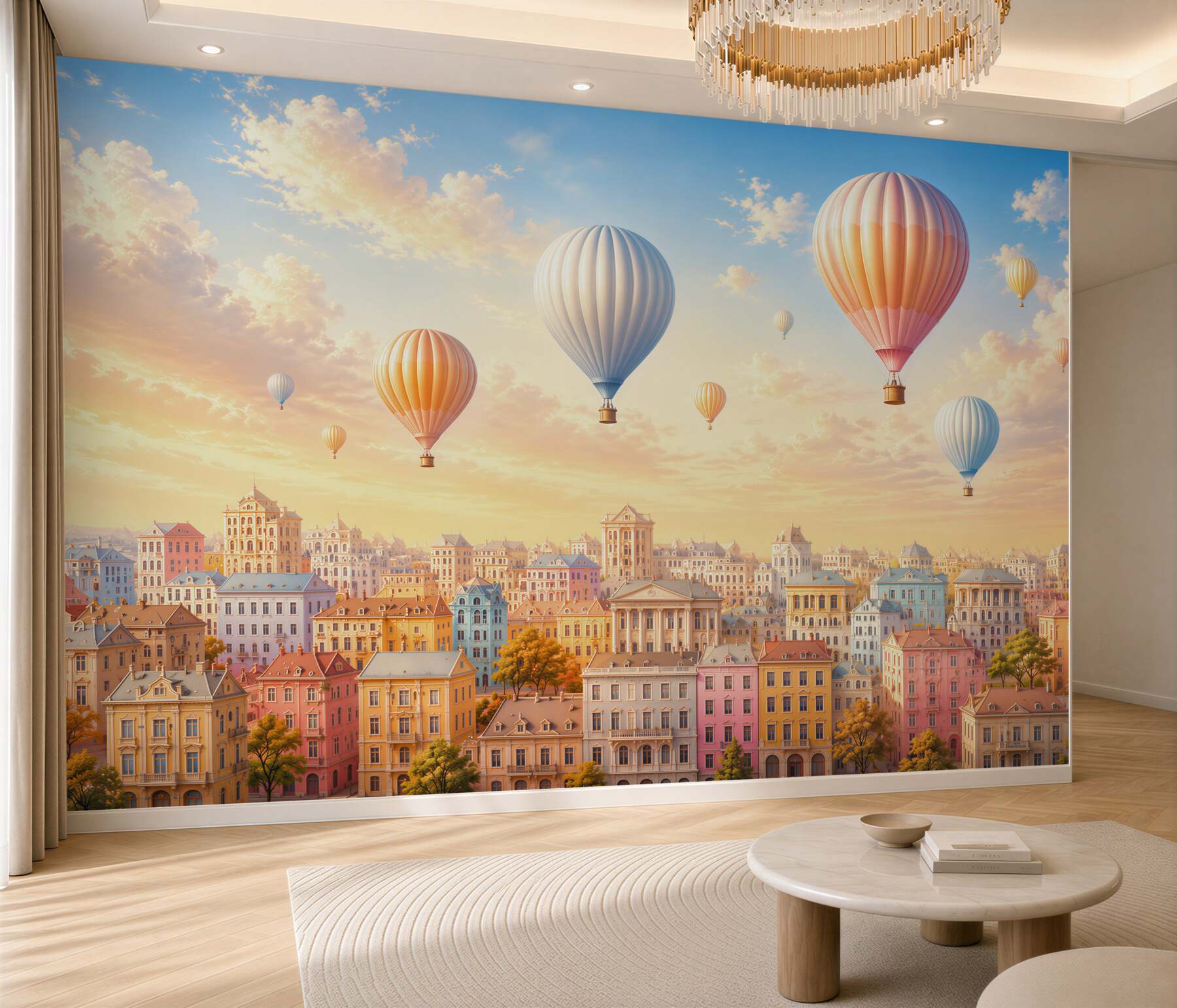 Fotobehang pastelballonnen boven een sprookjesachtige stad bij zonsondergang