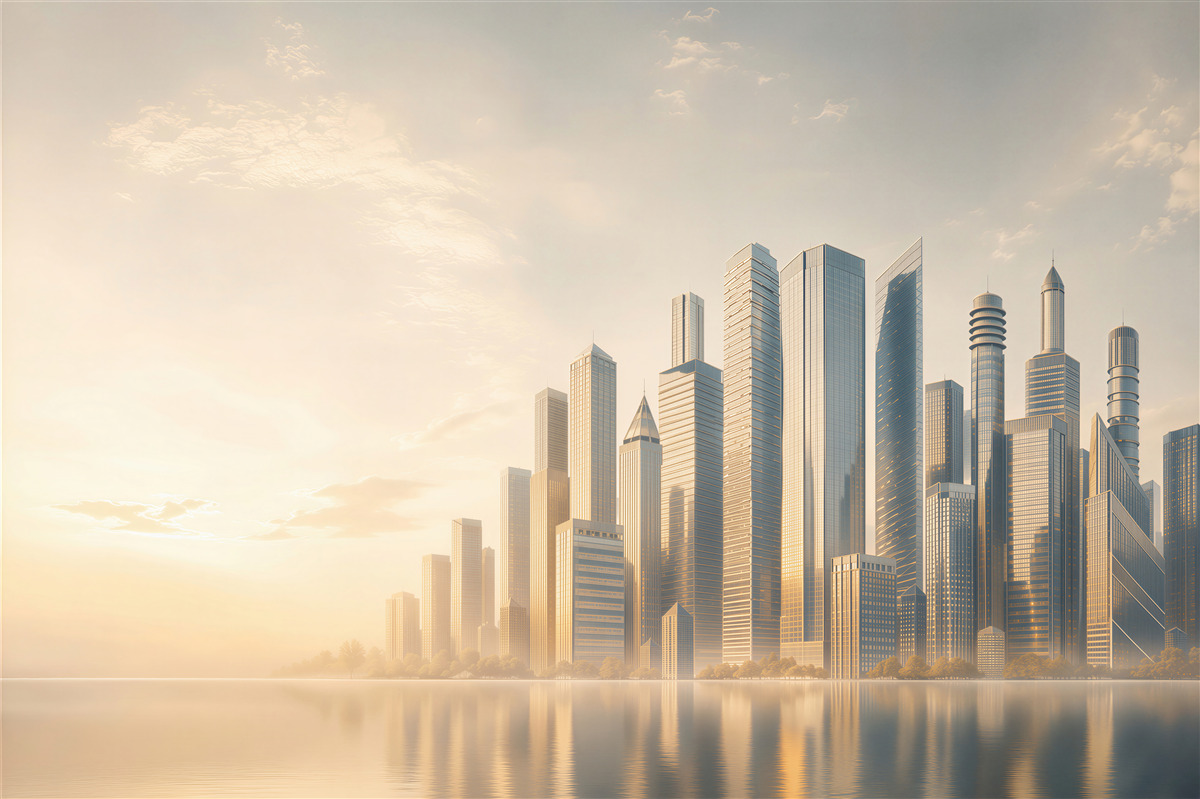 Fotobehang moderne wolkenkrabbers aan het water in gouden mist