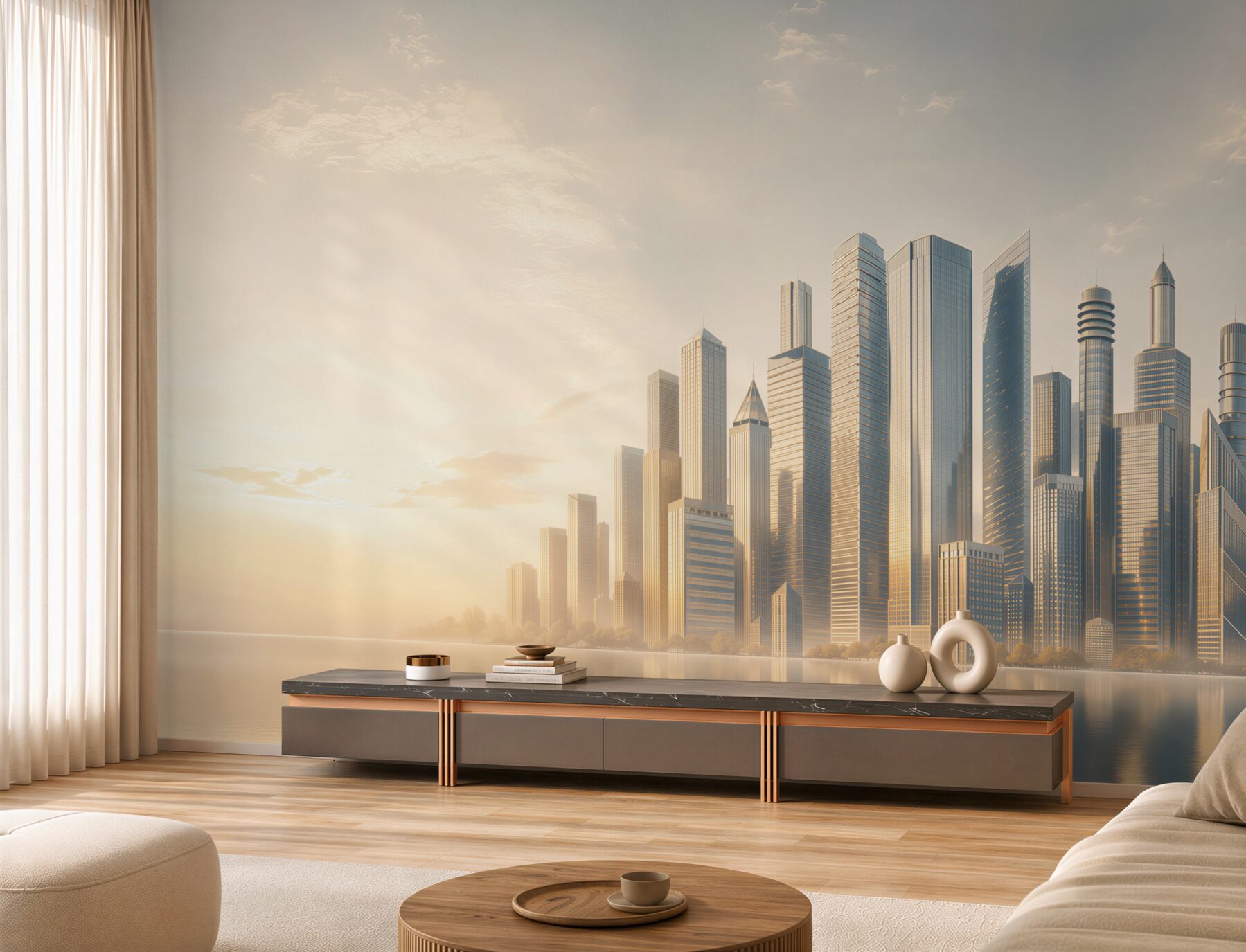 Fotobehang moderne wolkenkrabbers aan het water in gouden mist