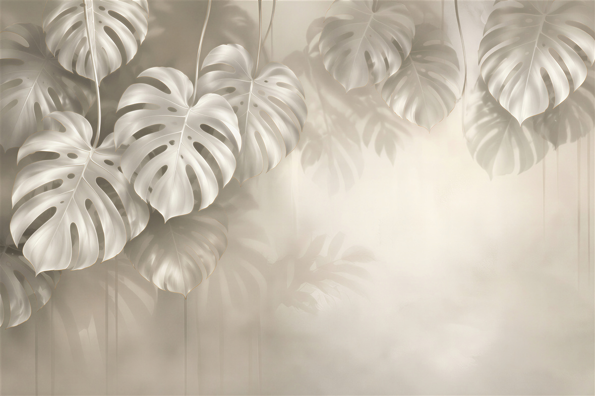 Fotobehang monstera bladeren beige met een zachte lichtschaduw