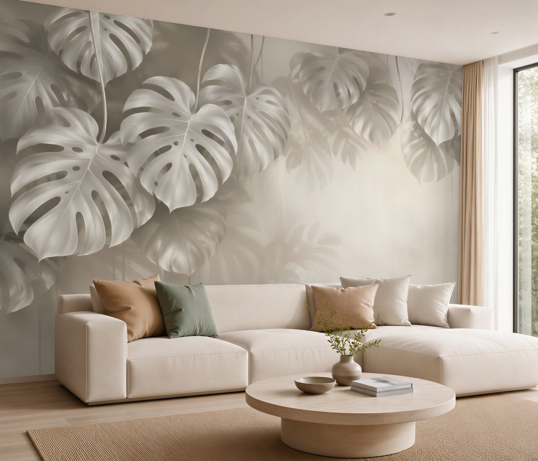 Fotobehang monstera bladeren beige met een zachte lichtschaduw