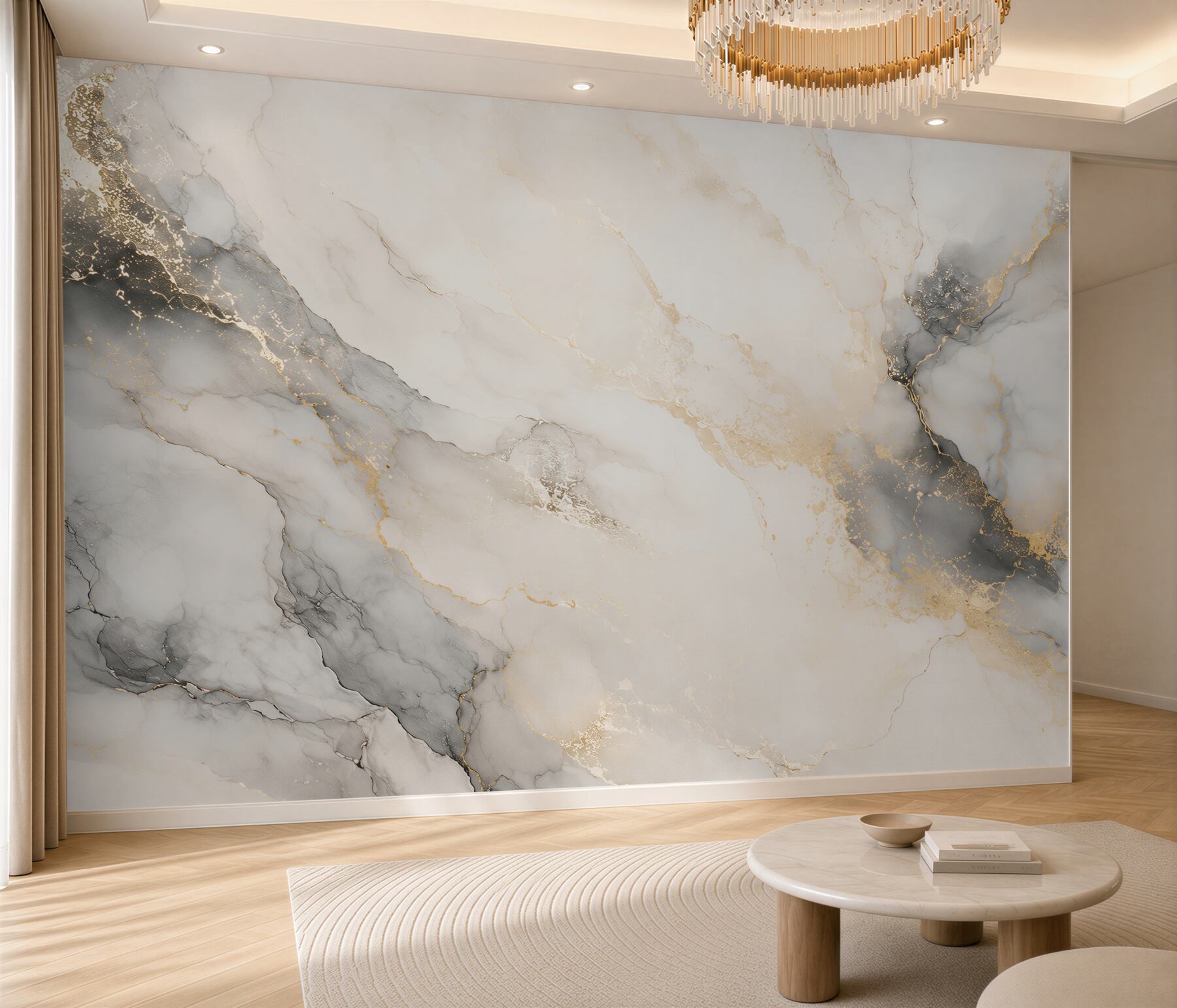 Fotobehang elegante witte en grijze marmer met goud voor een moderne woonkamer