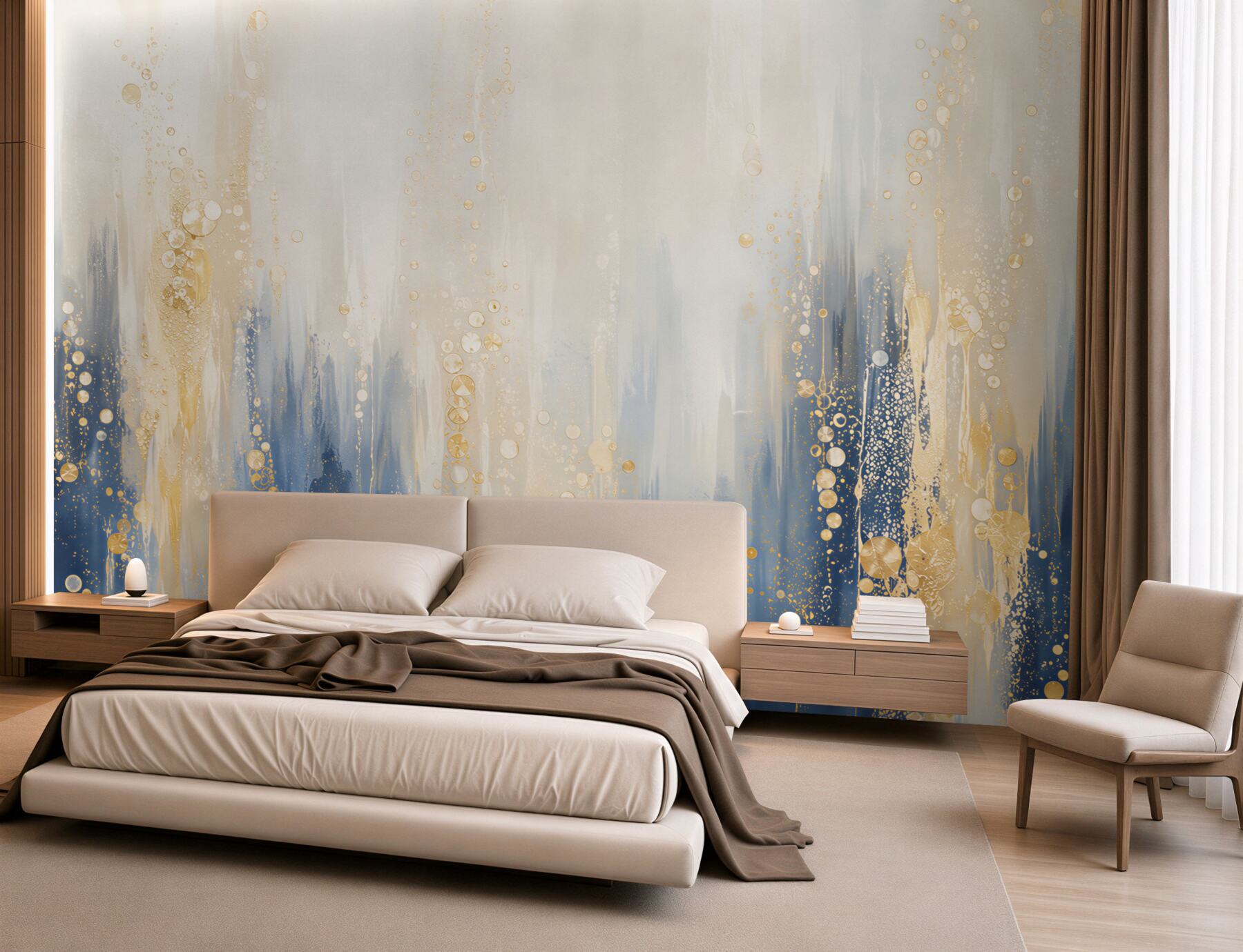 Fotobehang abstractie blauw en wit met gouden details voor een elegante inrichting