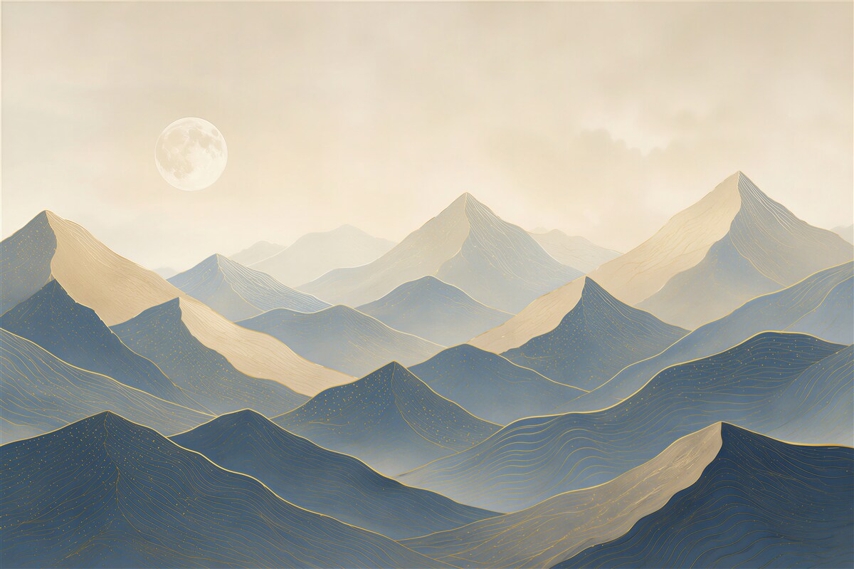 Fotobehang berglandschap in de mist met de maan in beige-blauwe tinten