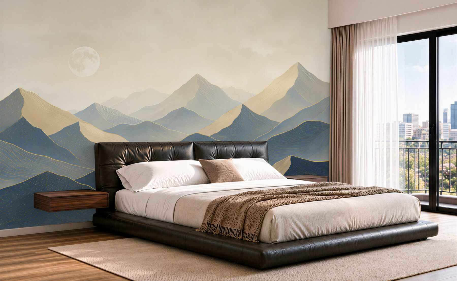 Fotobehang berglandschap in de mist met de maan in beige-blauwe tinten