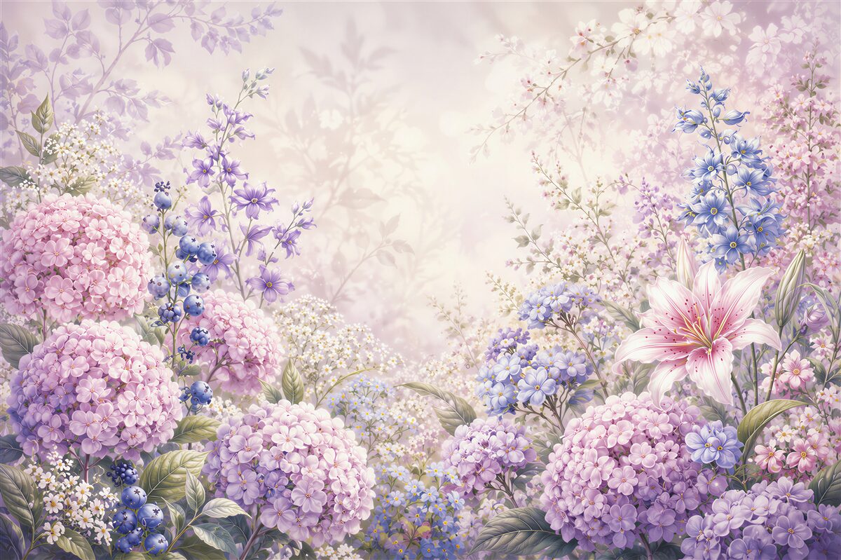 Fotobehang pastel bloemen hortensia en lelies romantisch in roze en paars