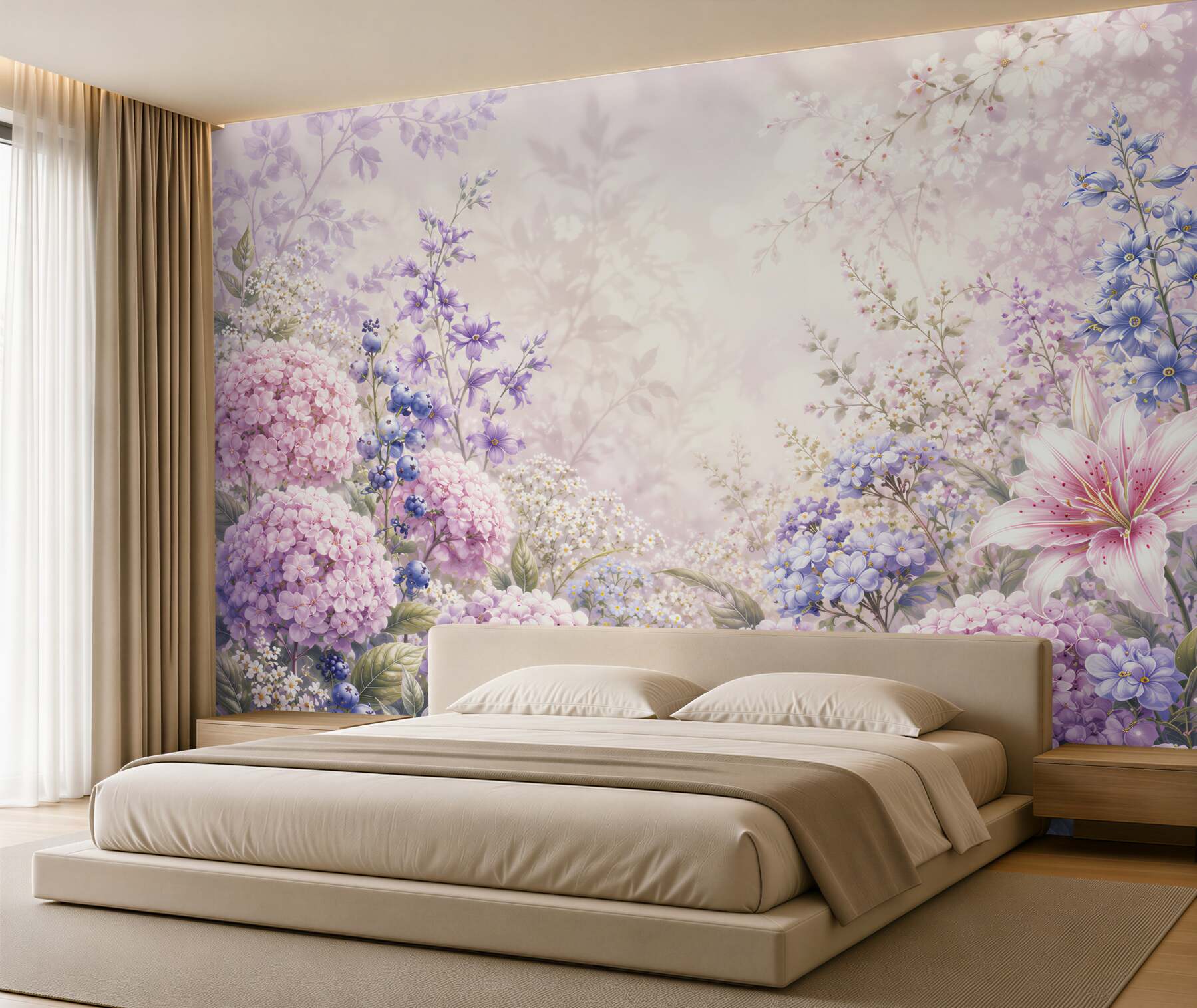 Fotobehang pastel bloemen hortensia en lelies romantisch in roze en paars