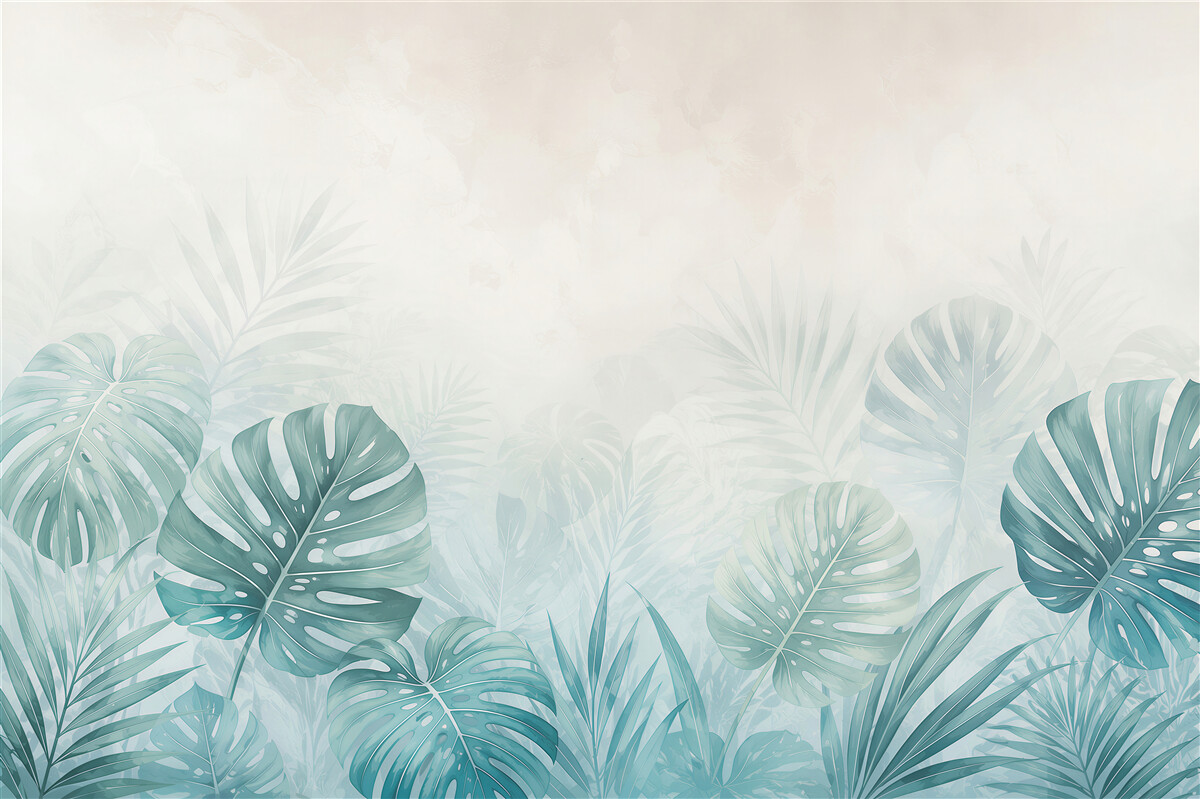 Fotobehang monstera bladeren turquoise in tropische stijl