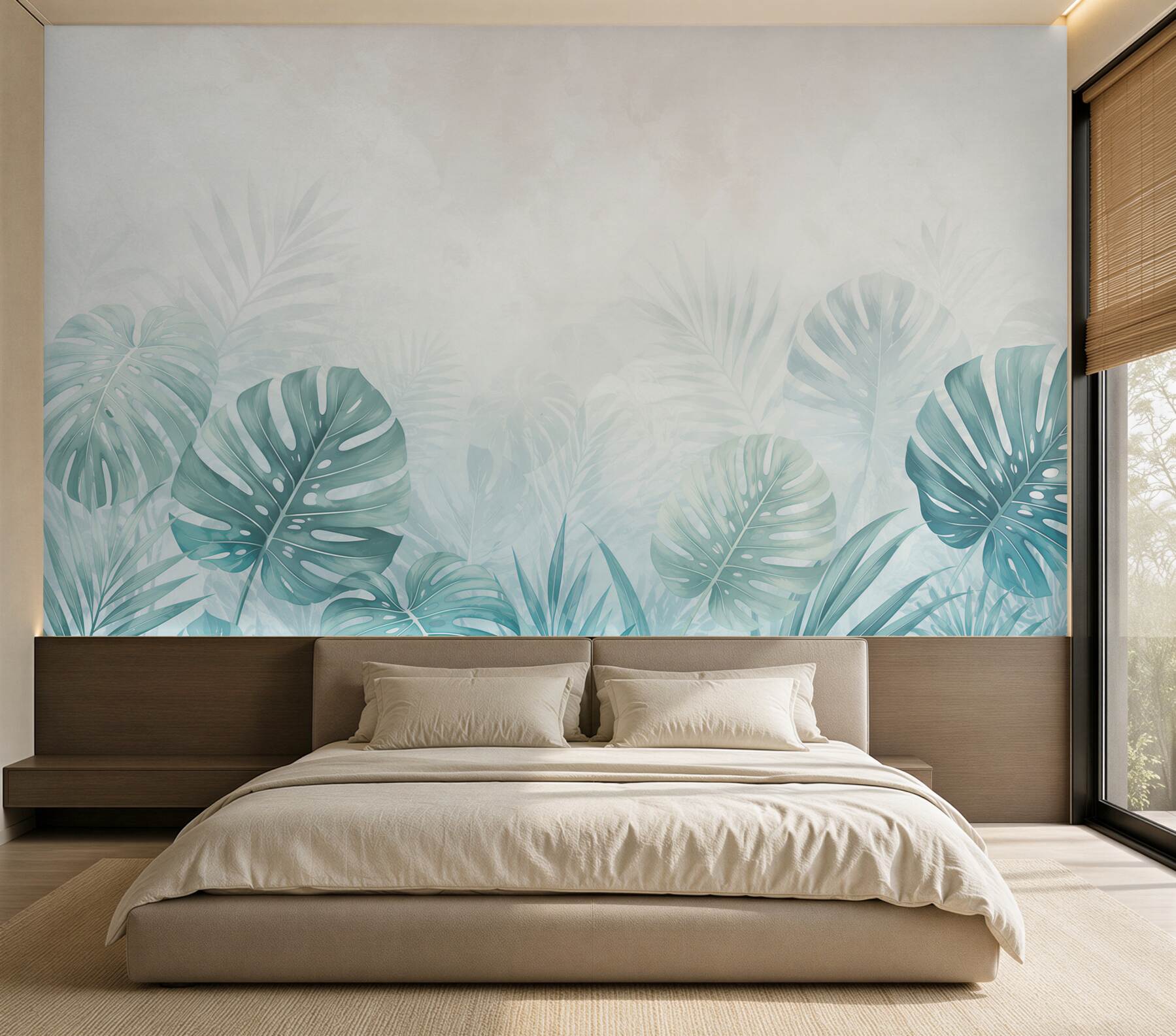 Fotobehang monstera bladeren turquoise in tropische stijl