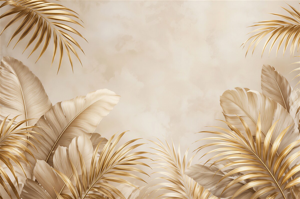 Fotobehang gouden tropische bladeren op een beige achtergrond elegante glamour