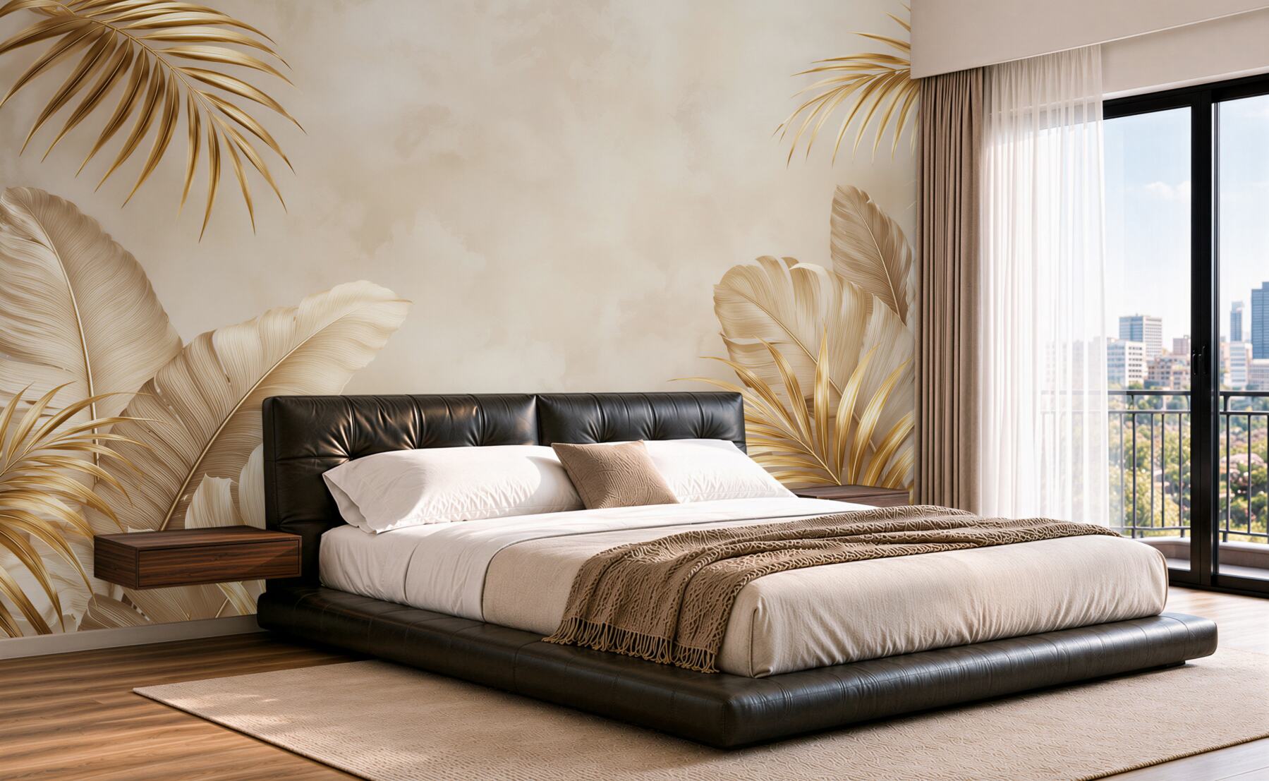 Fotobehang gouden tropische bladeren op een beige achtergrond elegante glamour