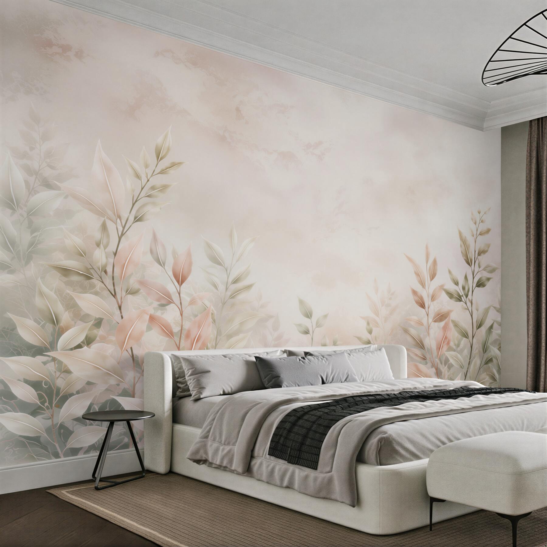 Fotobehang delicate bladeren pastel beige-roze voor de slaapkamer