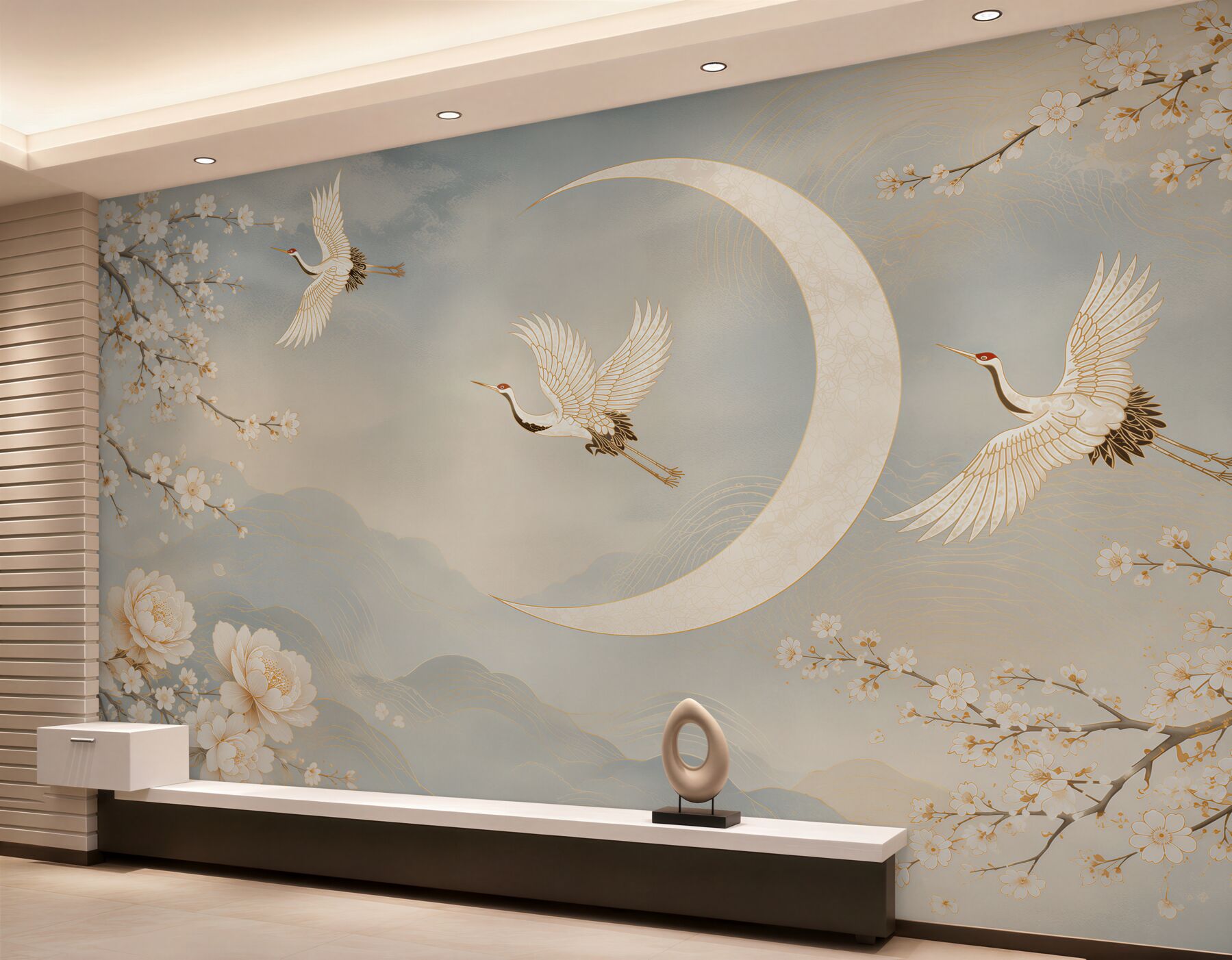 Fotobehang Kraanvogels en kersenbloesems met de maan in oosterse stijl