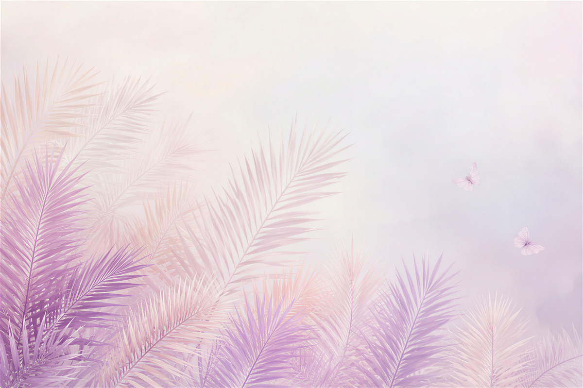 Fotobehang pastel palmbladeren roze-lila met vlinders