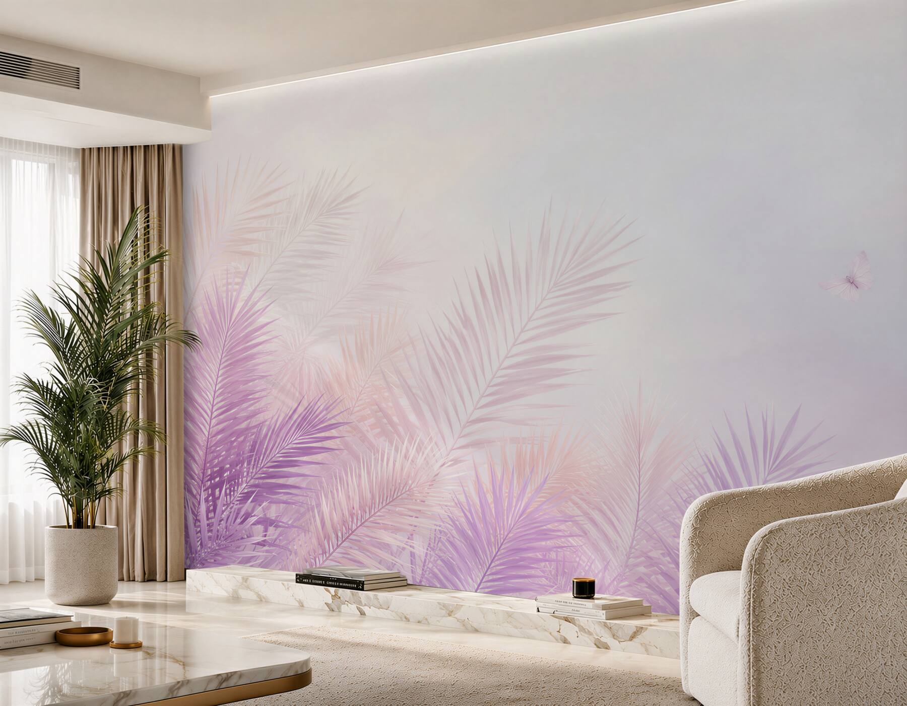 Fotobehang pastel palmbladeren roze-lila met vlinders