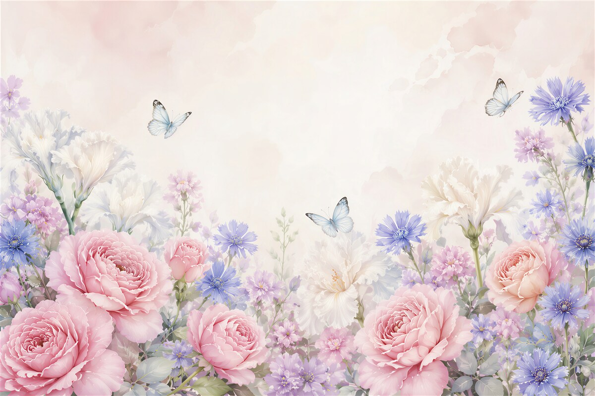 Fotobehang bloemen pioenen en irissen pastel met vlinders