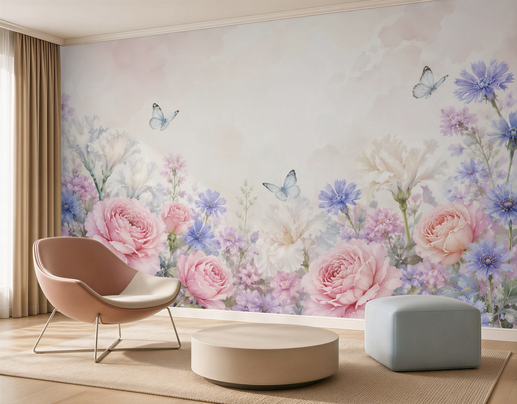 Fotobehang bloemen pioenen en irissen pastel met vlinders