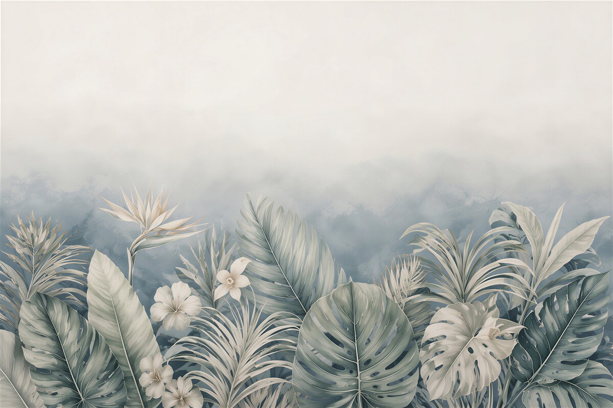 Fotobehang tropische bladeren en witte bloemen in blauw-beige tinten