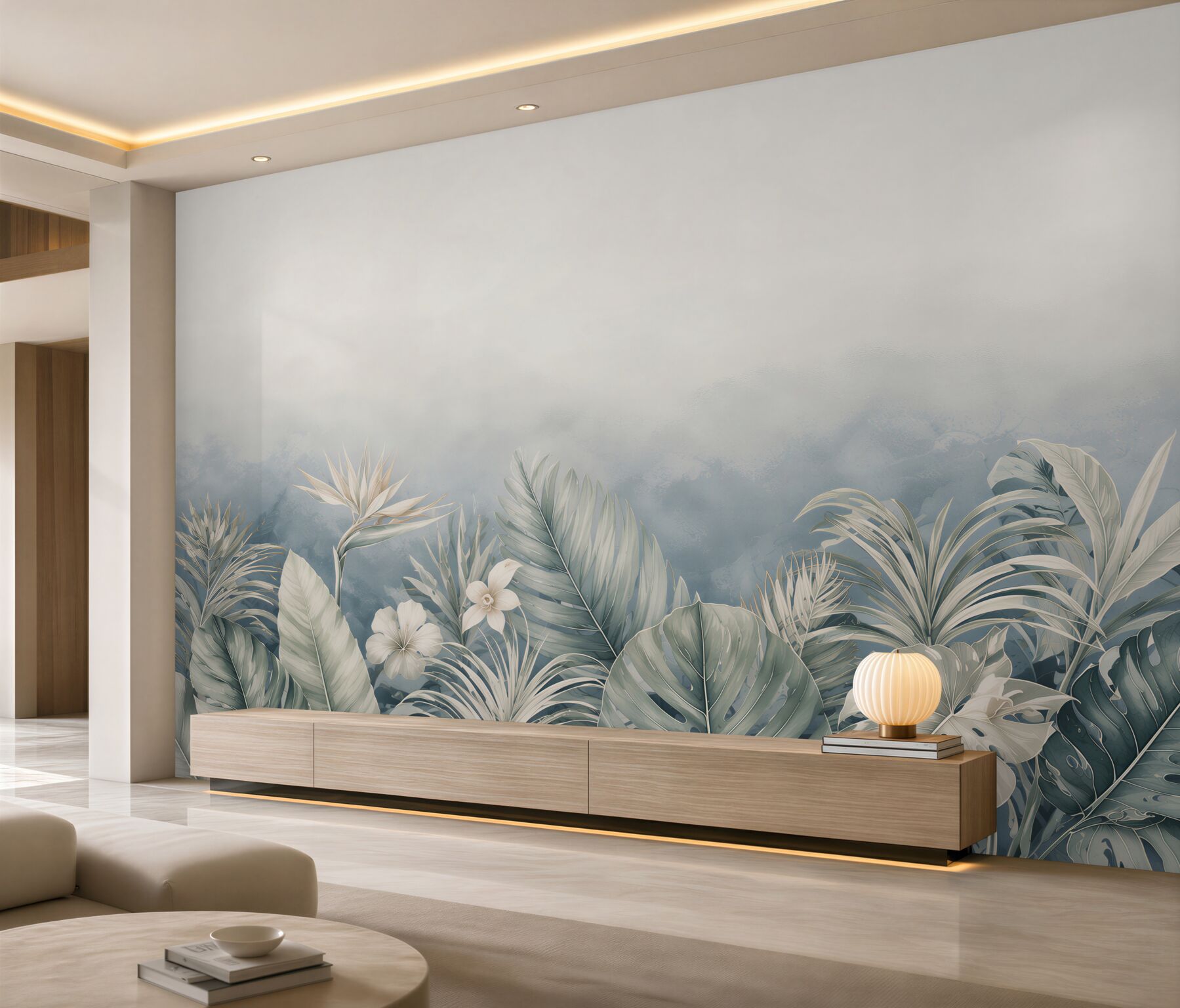 Fotobehang tropische bladeren en witte bloemen in blauw-beige tinten