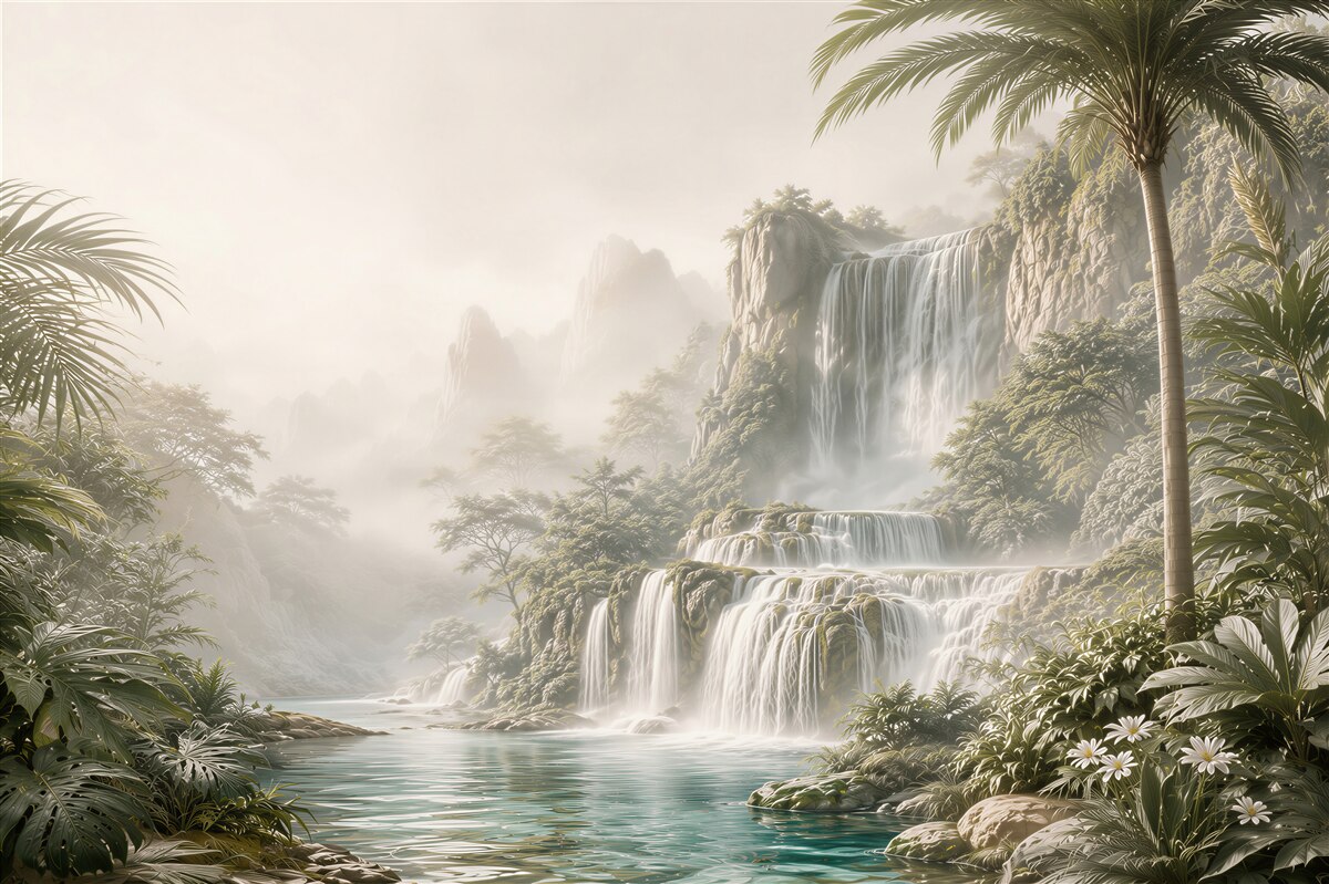 Fotobehang tropische waterval in de mist met palmen en turquoise lagune