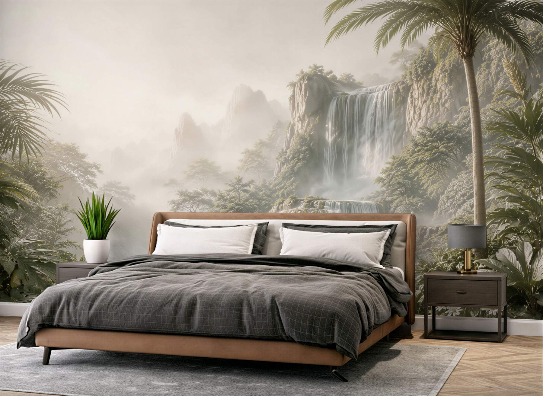Fotobehang tropische waterval in de mist met palmen en turquoise lagune