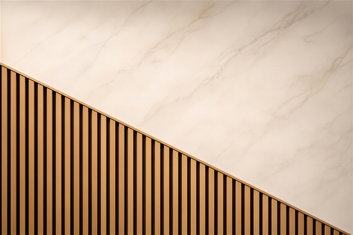 Fotobehang beige marmer met houten lamellen modern en minimalistisch
