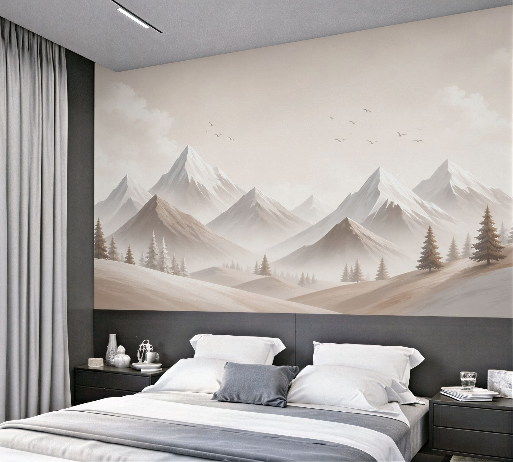 Fotobehang bergen in de mist in beige tinten voor een rustige inrichting
