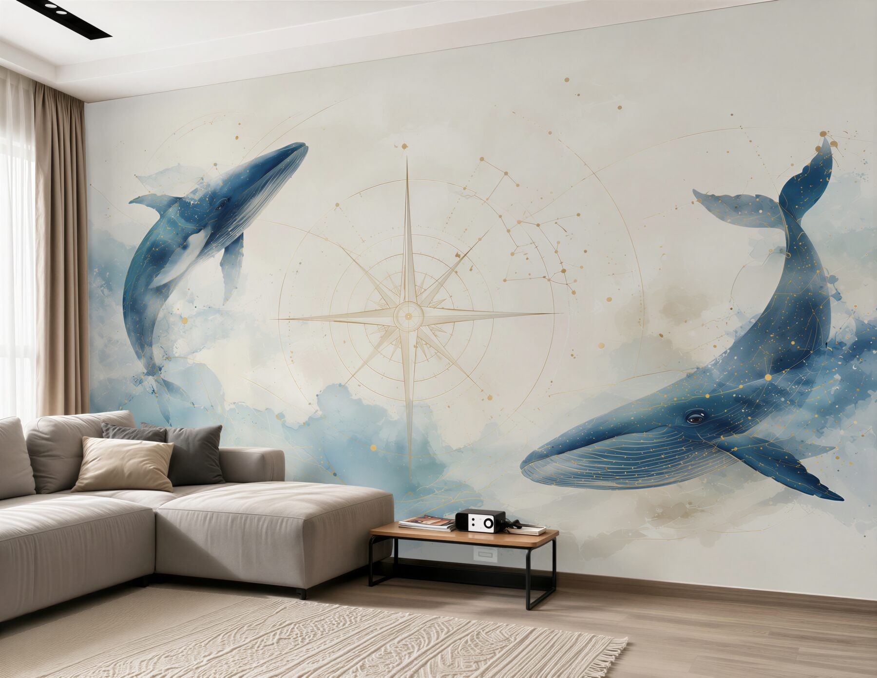 Fotobehang blauwe aquarelwalvissen met een kompas voor de kinderkamer