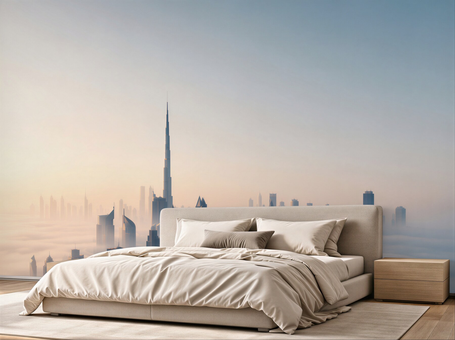 Fotobehang panorama van Dubai in de mist bij zonsopgang moderne stad