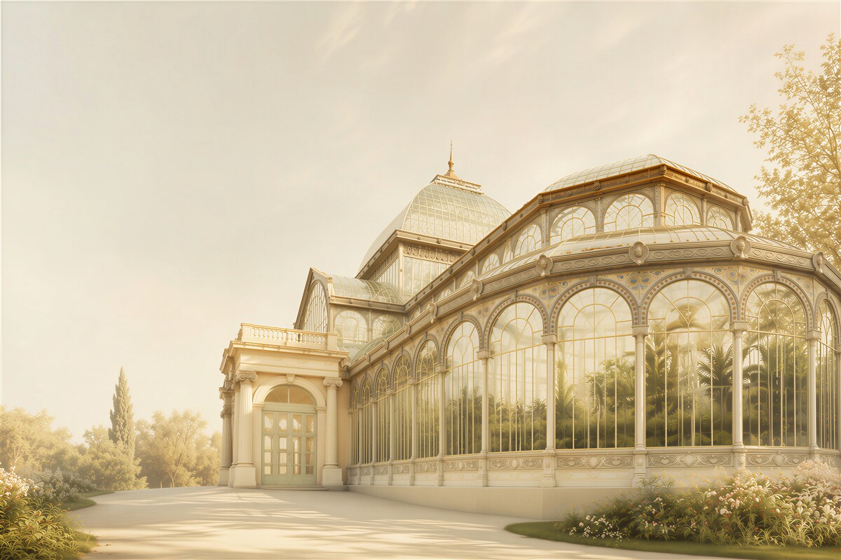 Fotobehang orangerie paleisachtig in gouden licht elegante tuinarchitectuur