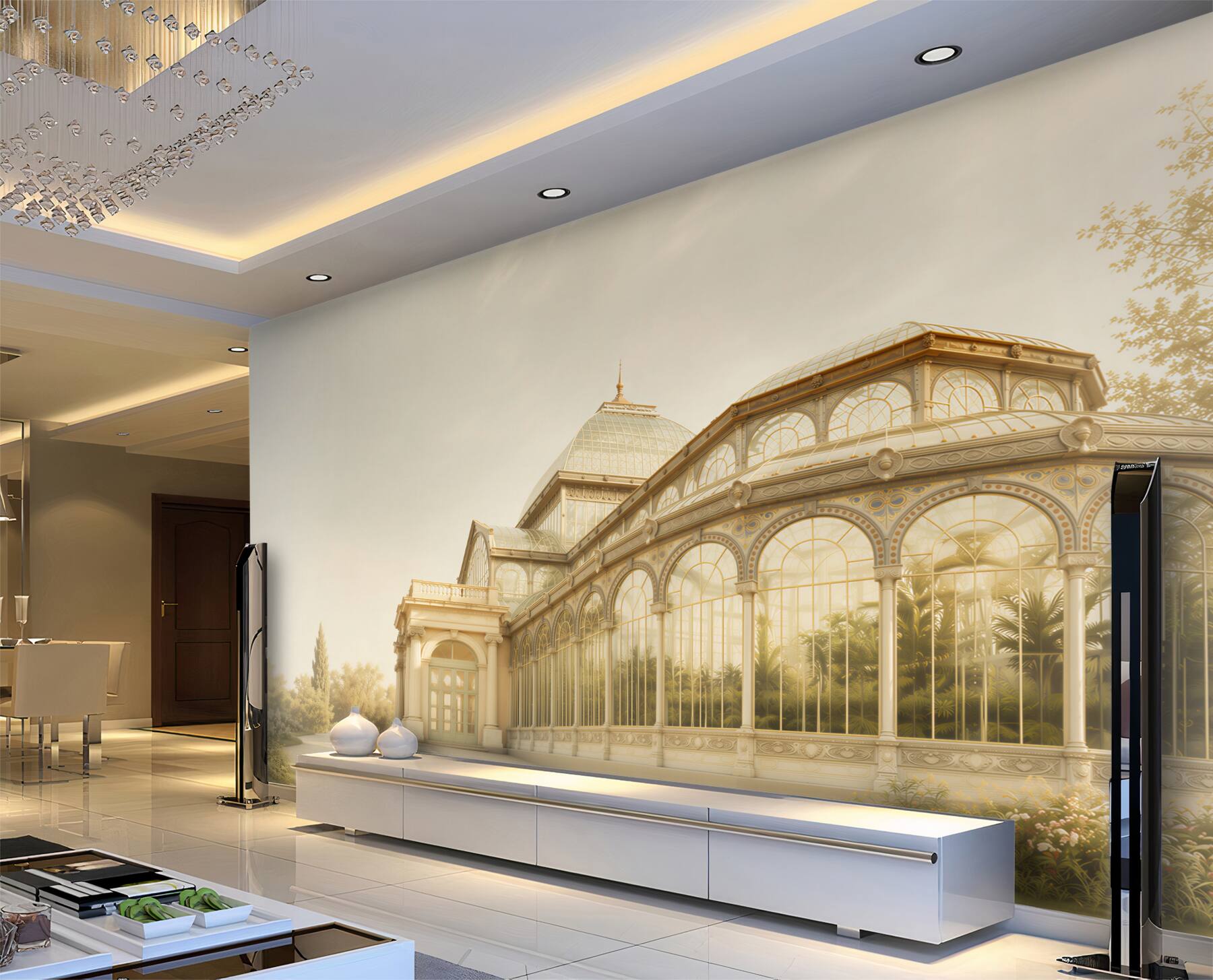 Fotobehang orangerie paleisachtig in gouden licht elegante tuinarchitectuur