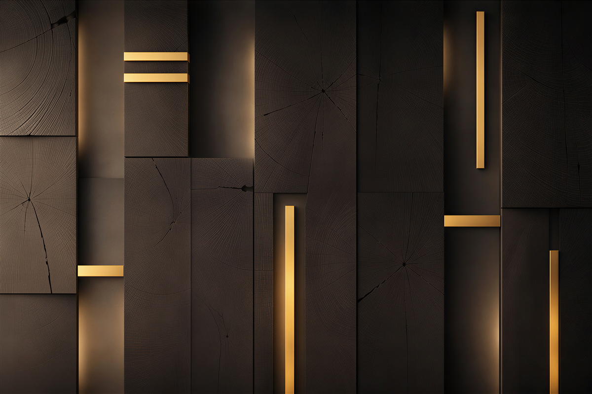 Fotobehang donkere houten panelen met gouden accenten moderne loftstijl