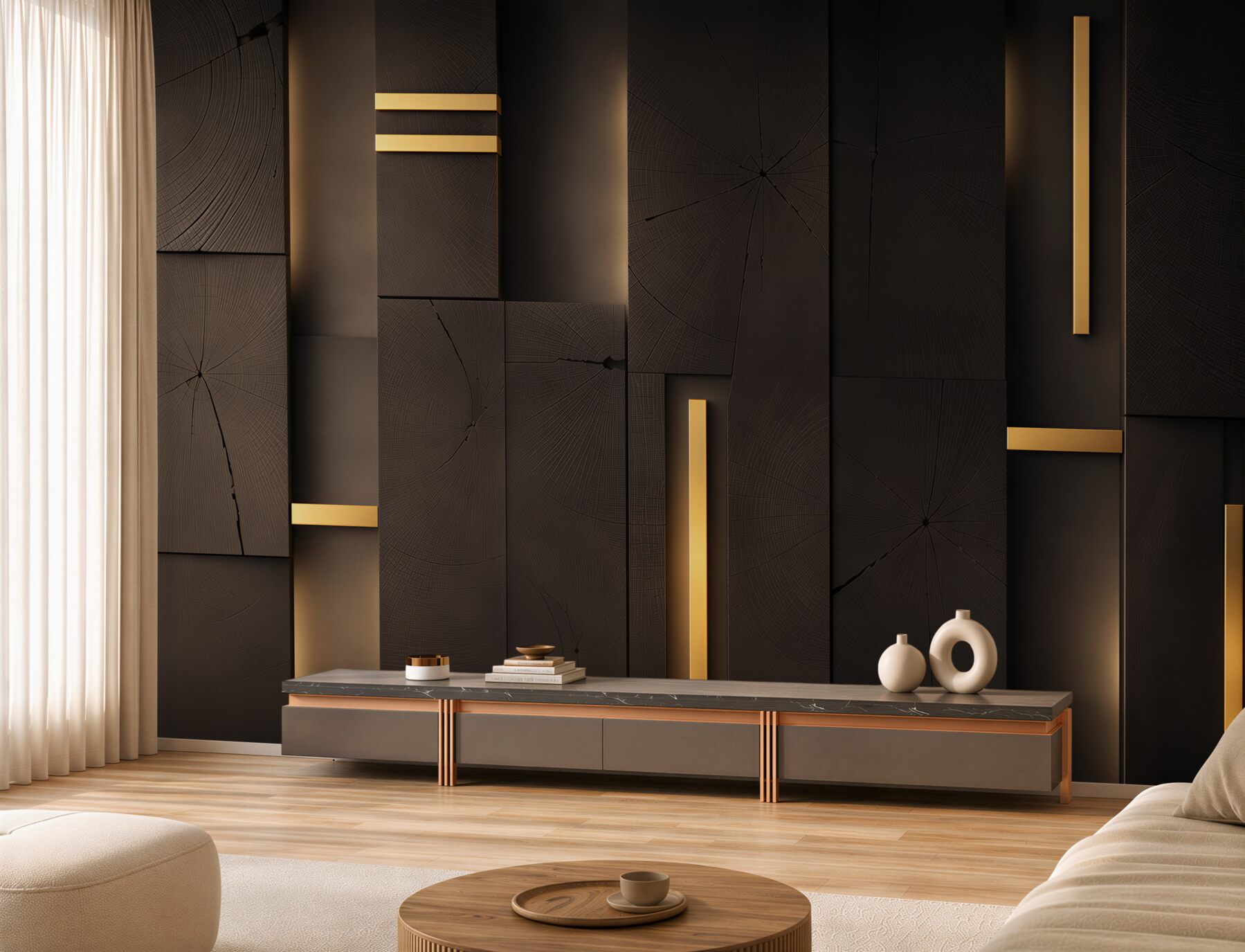 Fotobehang donkere houten panelen met gouden accenten moderne loftstijl