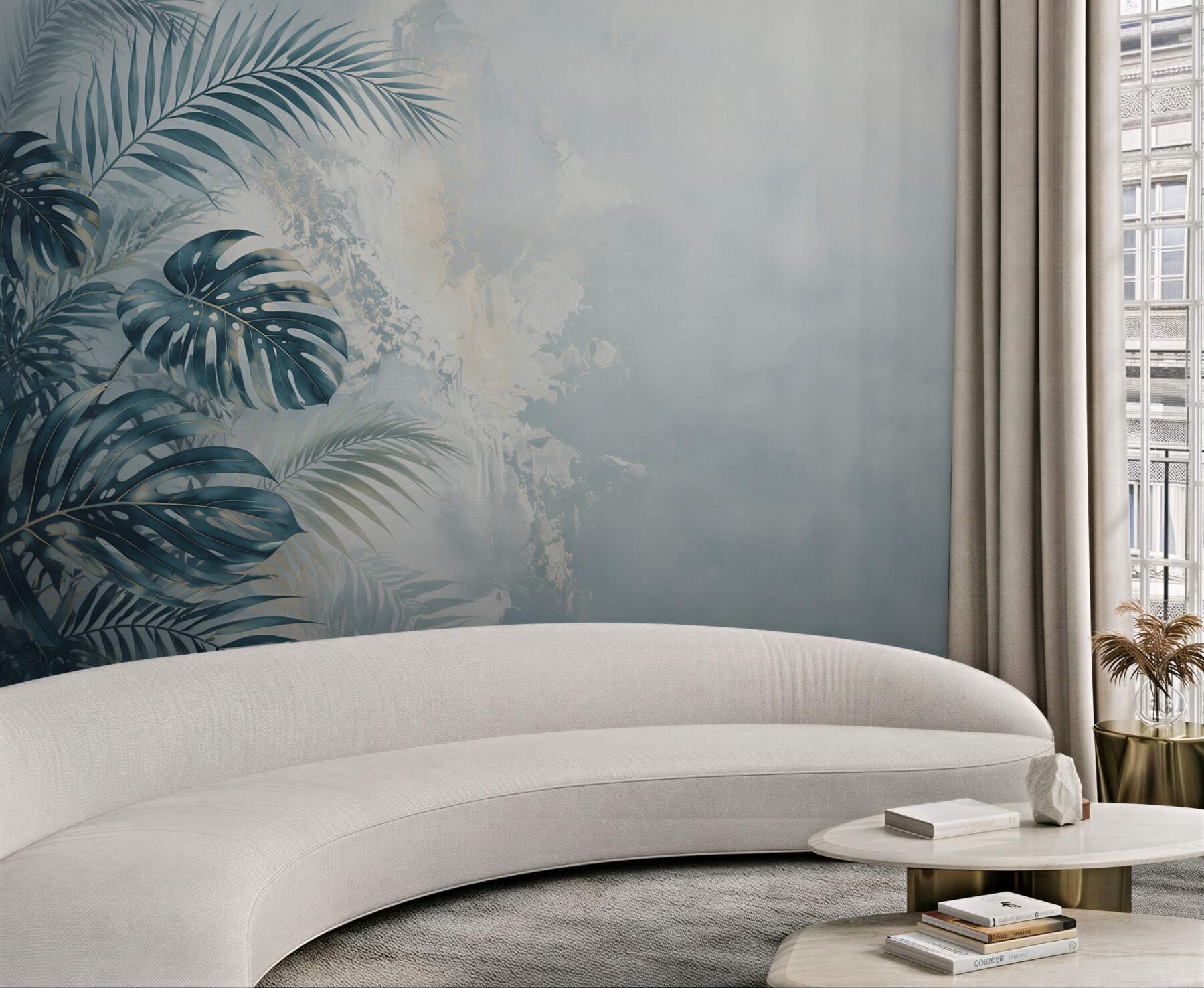 Fotobehang blauwe tropische bladeren op lichte achtergrond voor een elegant interieur