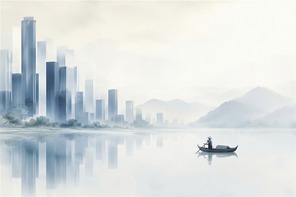 Fotobehang moderne stad aan het meer in de mist met een minimalistische boot