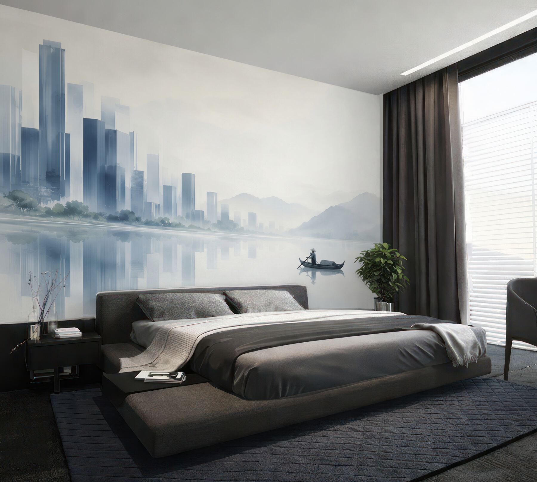 Fotobehang moderne stad aan het meer in de mist met een minimalistische boot