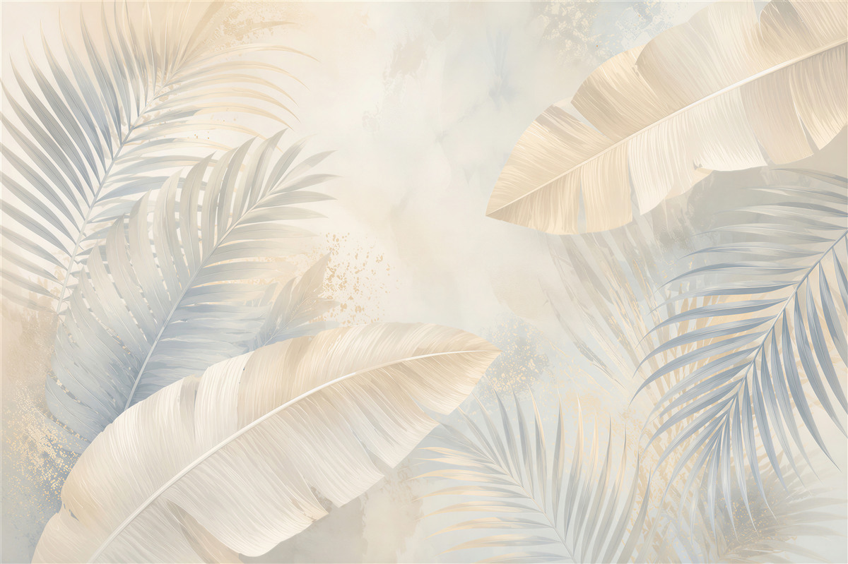 Fotobehang tropische bladeren beige en blauw delicaat voor een elegante inrichting